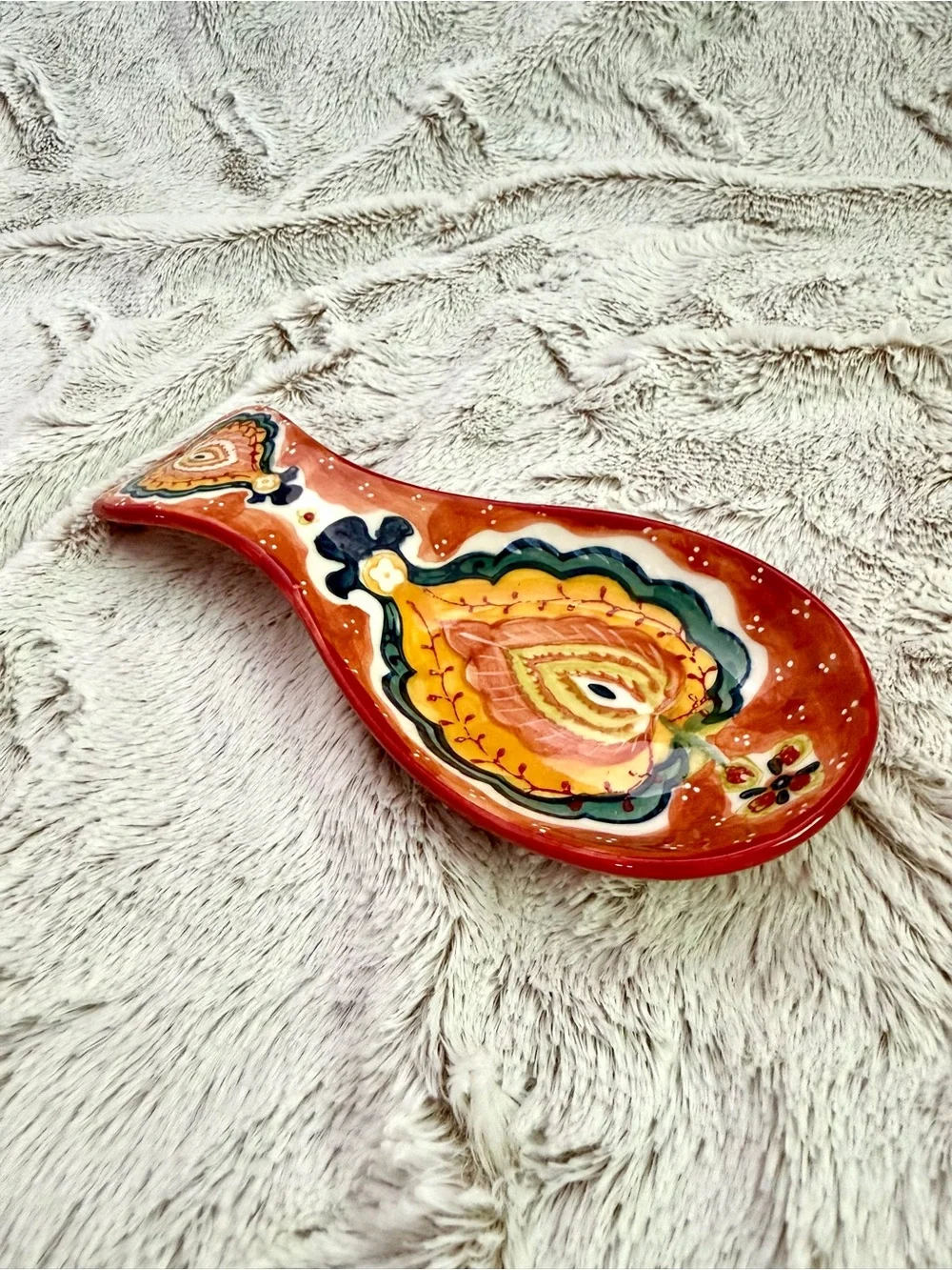 Anthropologie Hand-Painted Ceramic Spoon Rest in Orange, Yellow, Green, Black